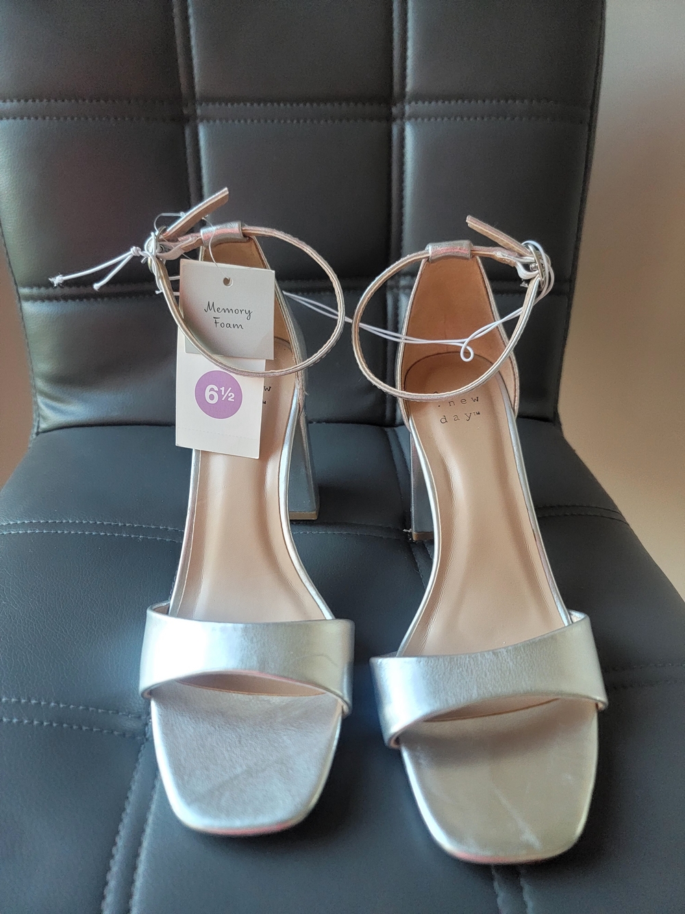 A New Day Shelly Heels With Memory Foam Insole Silver Size 6.5. Square Open Toe